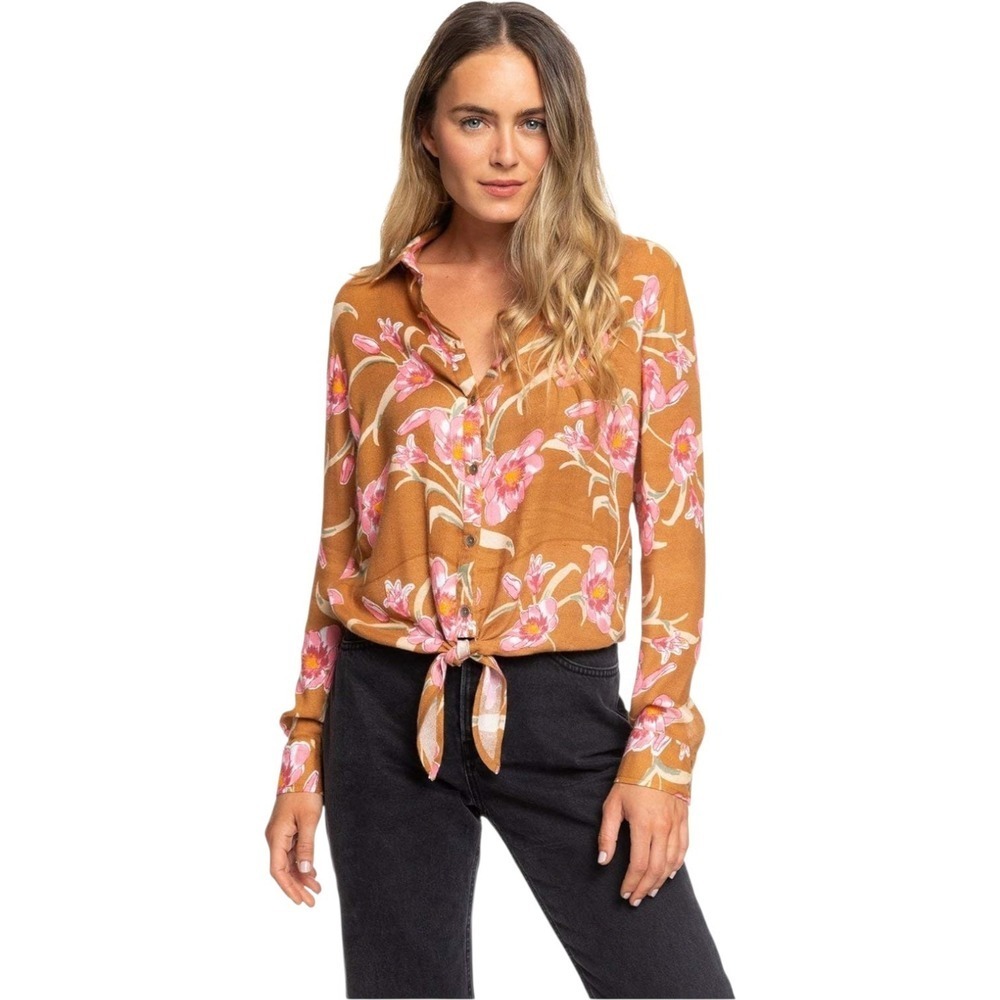 Roxy Womens Suburb Vibes Tie Front Floral Print Button Front Cotton Blend Size L